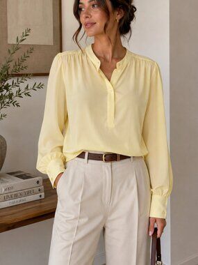 Worthington Womens Long Sleeve Ivory Blouse With Button Closure & Pleated Detail